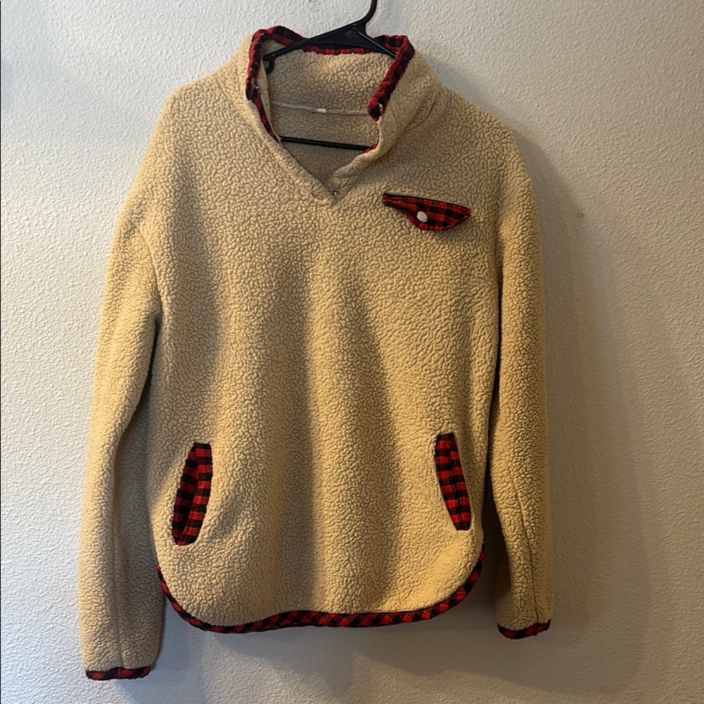 Cozy Tan Sherpa Pullover with Red Accents